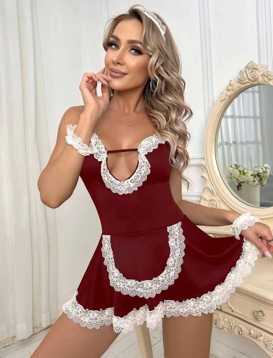 BORDO BEYAZ DANTELLİ HİZMETÇİ FANTEZİ KOSTÜM
